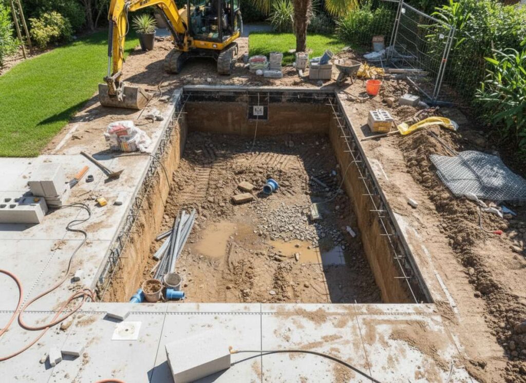 Poolbau in der Bauphase mit Aushub, Baugrube und Installationstechnik in Ingolstadt