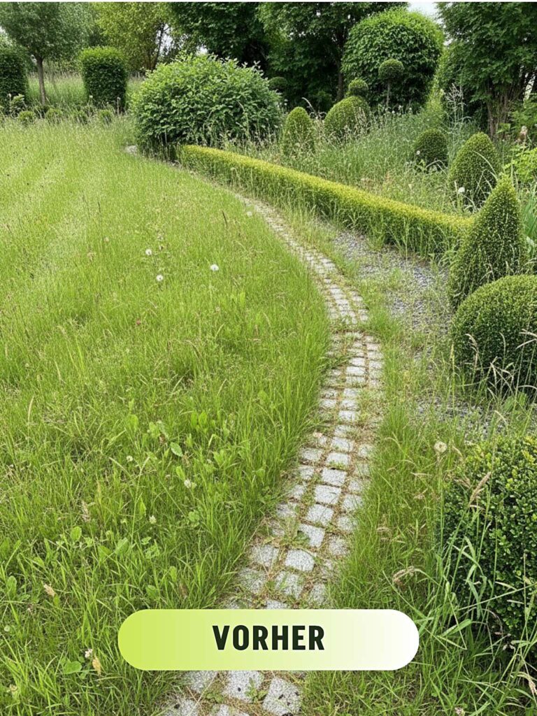 Verwilderter Gartenbereich mit ungepflegtem Rasen und überwachsenem Kiesweg – Vorher-Zustand vor der Gartenpflege