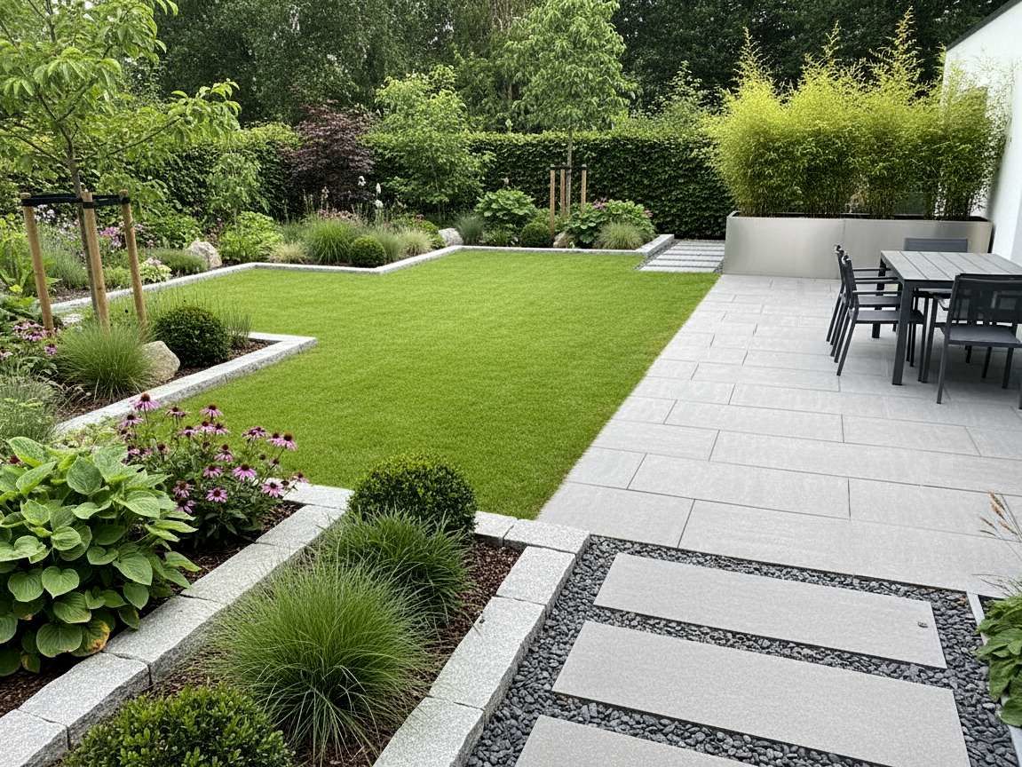 Moderne Gartenanlage mit großer Rasenfläche, Terrassenplatten und strukturierter Bepflanzung in Ingolstadt.