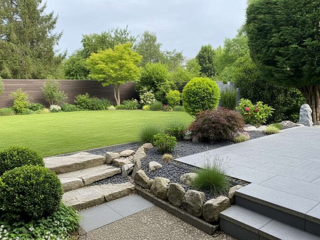 Moderne Gartenanlage mit Naturstein-Treppe, Terrassenplatten und gepflegter Bepflanzung in Ingolstadt