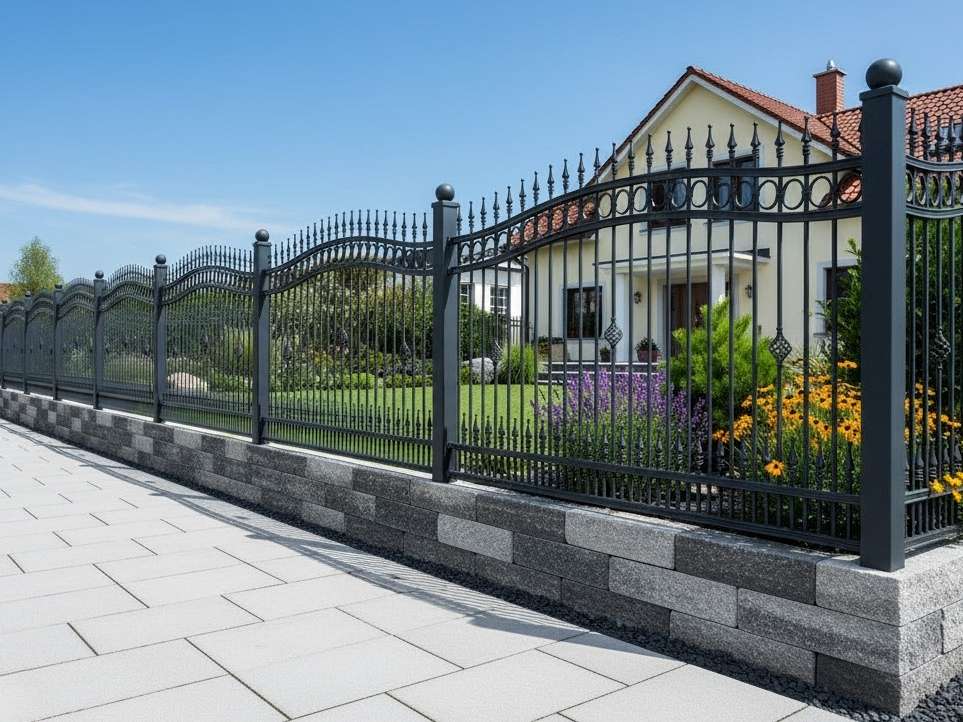 Hochwertiger Metallzaun mit gemauertem Sockel und gepflegter Gartenanlage in Ingolstadt
